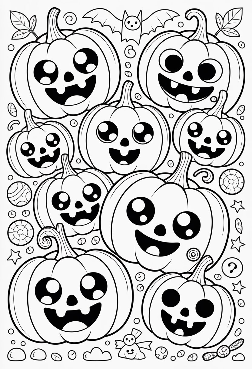 Halloween Coloring Pages Cute Collection of 20 Fun and Easy Designs 29 A group of cute jack-o-lantern pumpkins with friendly faces surrounded by Halloween decorations like bats, candy, and leaves.